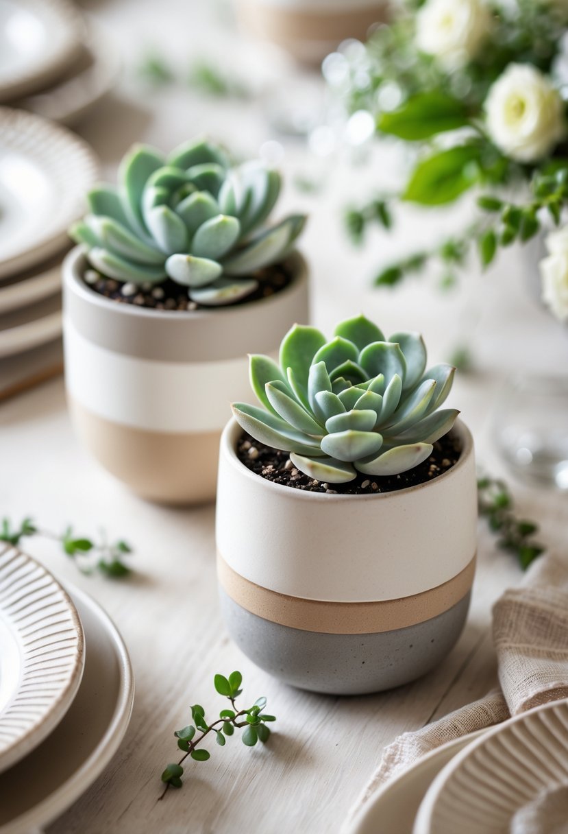 Small potted succulents arranged on a wooden table as wedding favors with simple decorations around them.