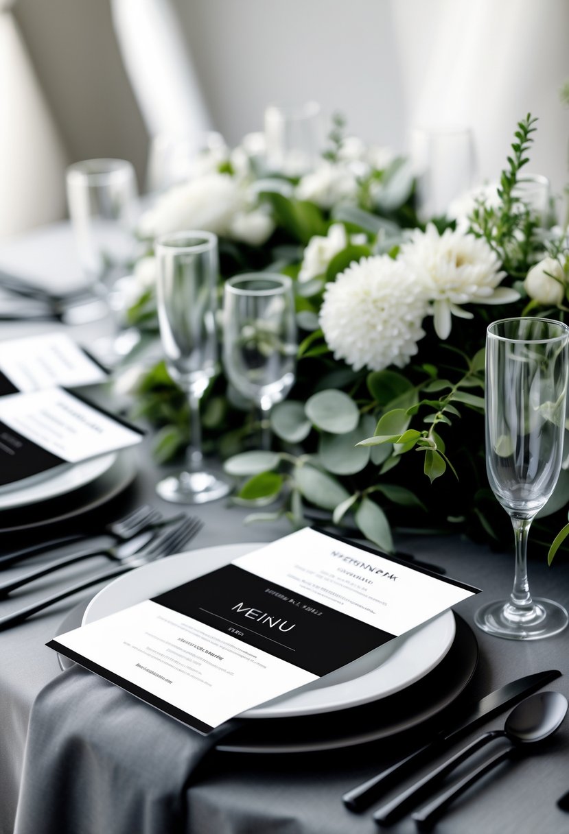 A round wedding table set with minimalist black and white menus, white plates, black cutlery, clear glasses, and a centerpiece of white flowers and greenery.