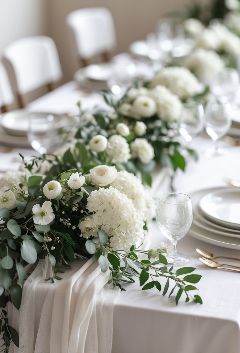 A wedding table decorated with delicate white floral garlands draped across it, surrounded by simple table settings.