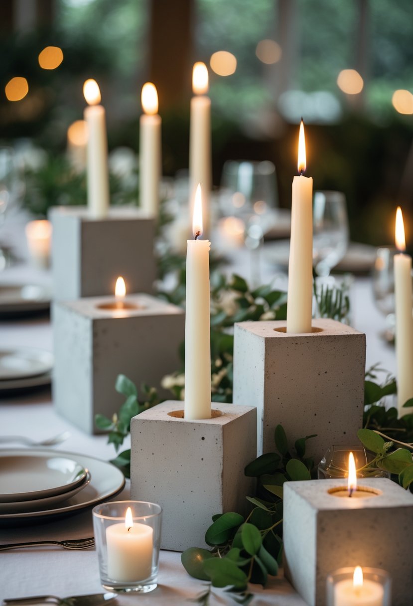 Lit candles in geometric concrete holders arranged on a wedding table with greenery and soft lighting.