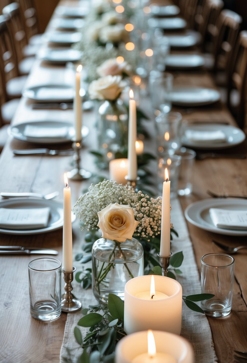 A wedding table with simple decorations including small vases of white flowers and lit candles on a wooden surface.