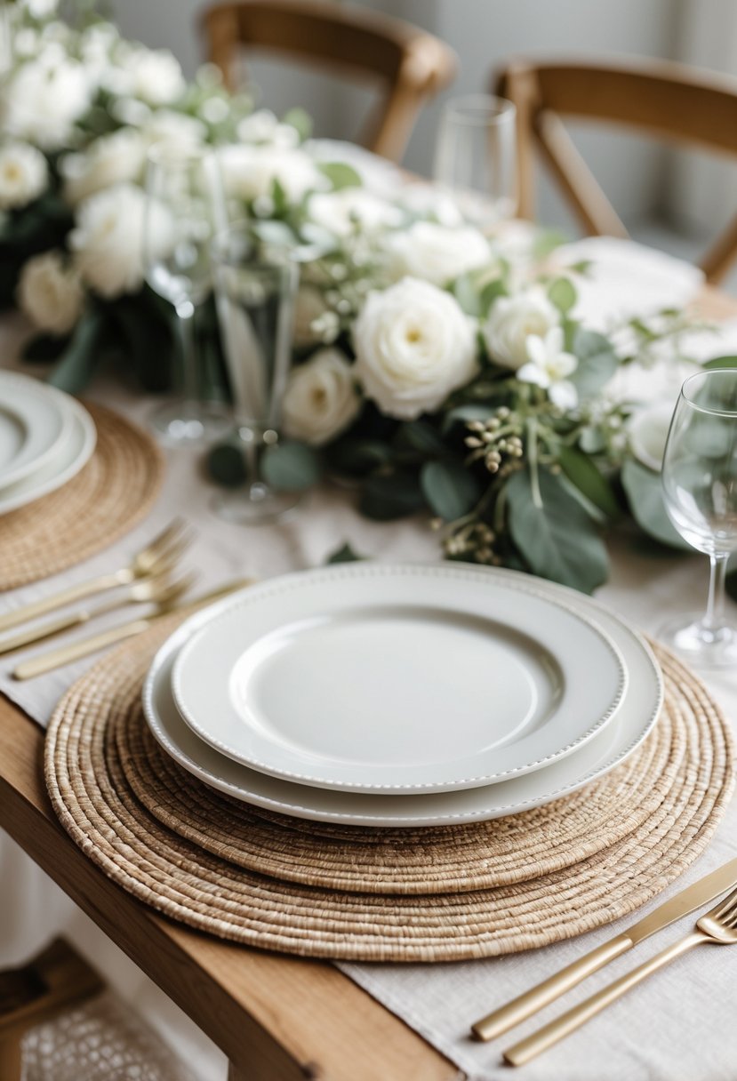 A wedding table set with neutral woven placemats and simple white china plates, decorated with small floral arrangements.
