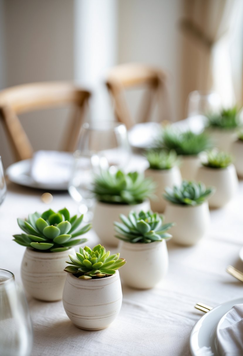 Wedding table with small succulent plants in ceramic pots arranged as centerpieces on a white tablecloth.
