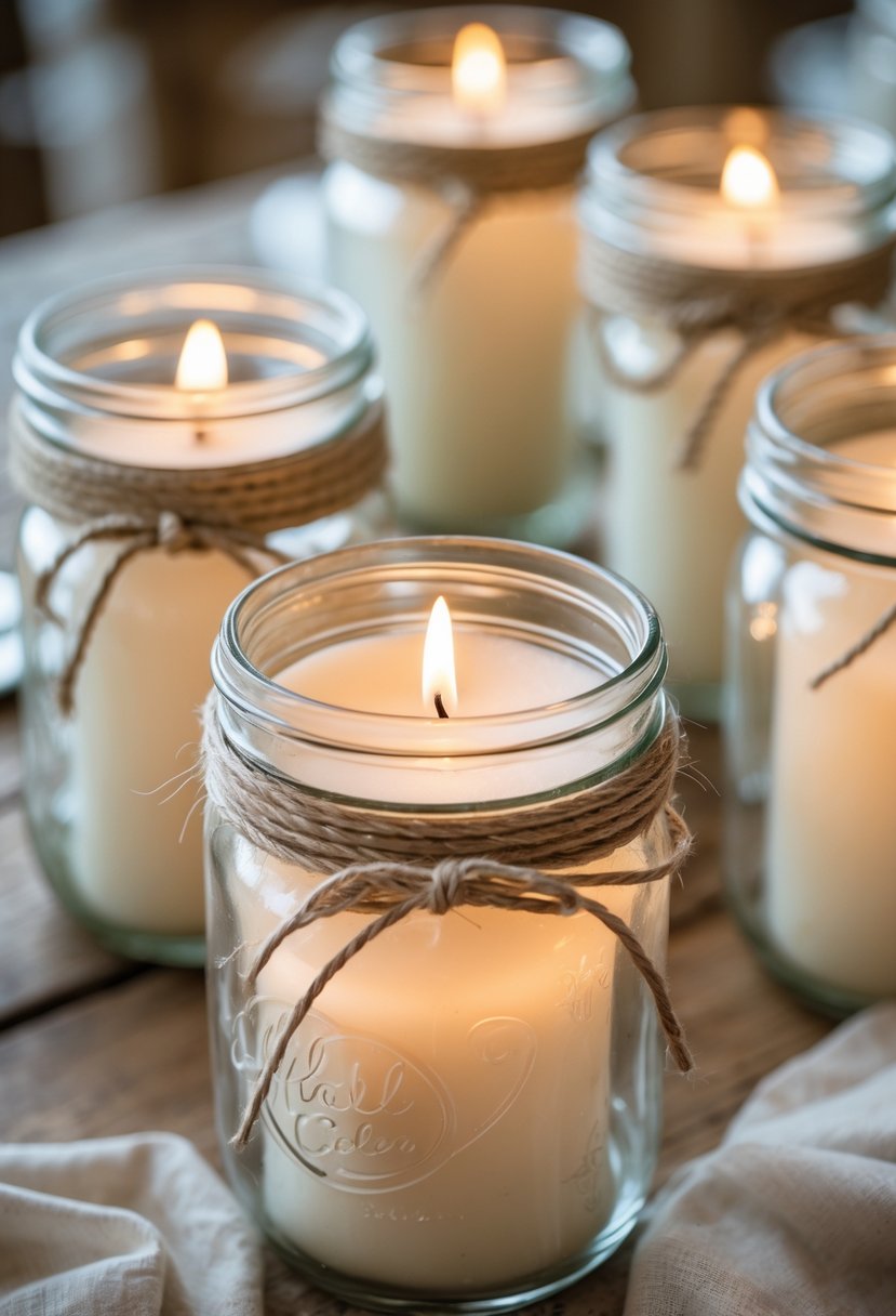 Close-up of mason jars wrapped with twine, each holding a lit candle, arranged on a wooden table as wedding decorations.