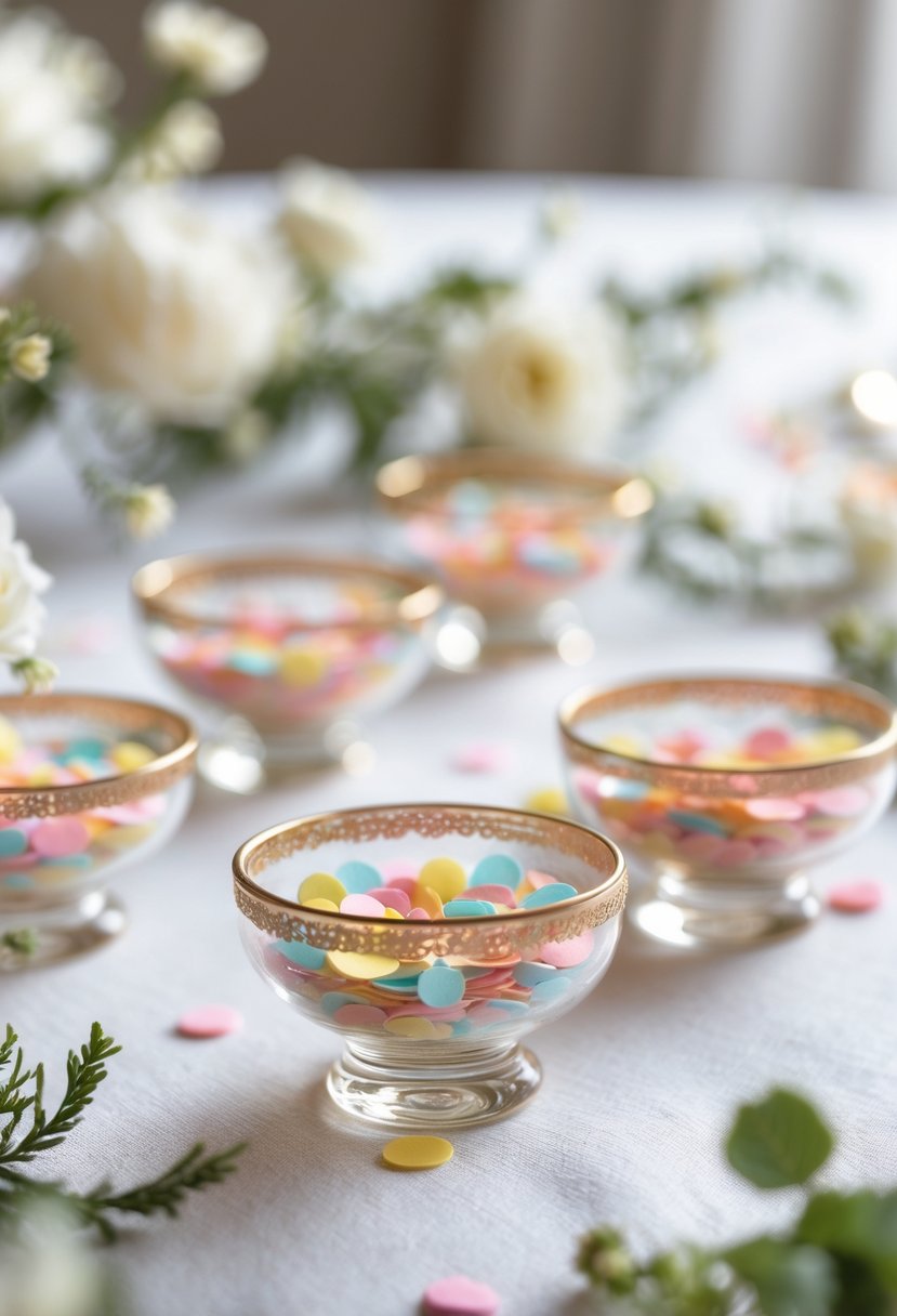 Close-up of tiny gold-rimmed glass bowls filled with colorful confetti on a white wedding table with floral and greenery accents.