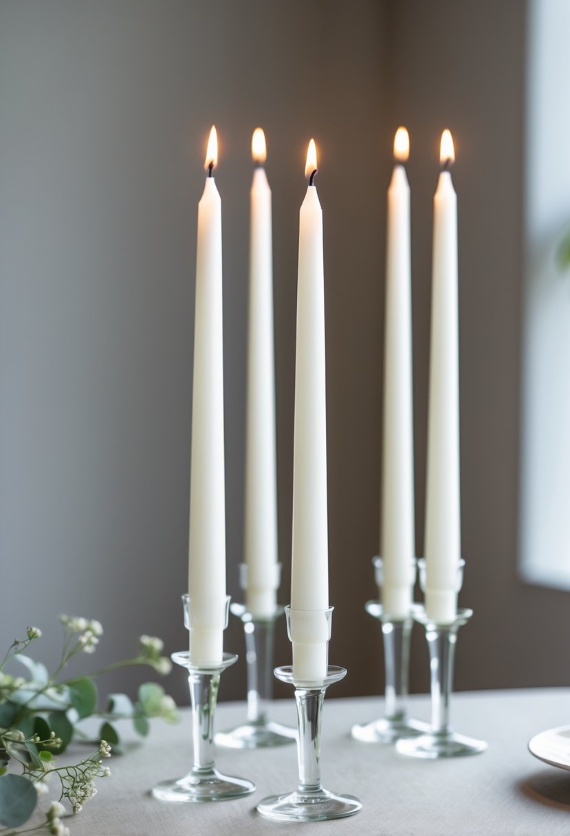 A wedding table with simple white taper candles in clear glass holders on a neutral surface, with soft natural lighting and minimal decoration.