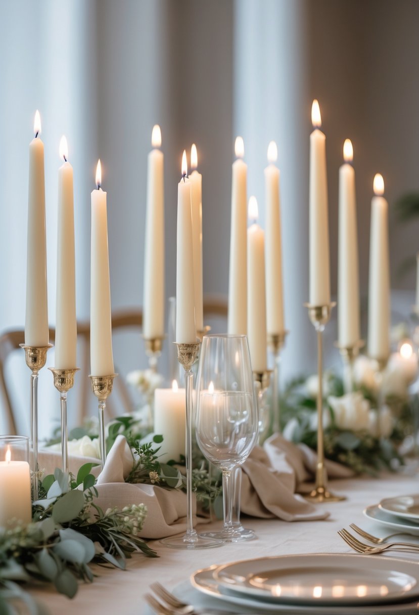 A wedding table with off-white taper candles in slender holders surrounded by simple decorations.