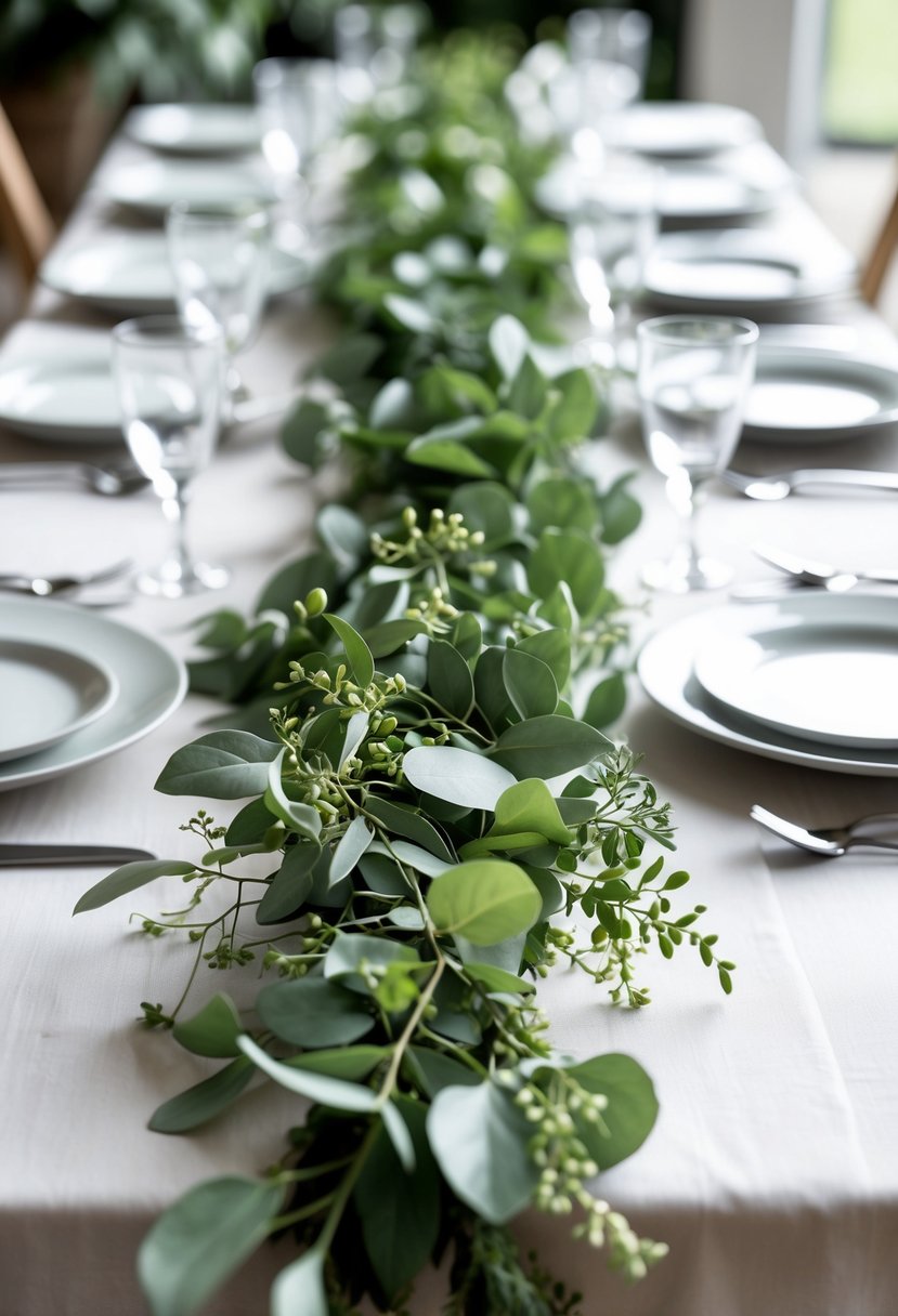 A wedding table decorated with simple green foliage garlands laid down the center, surrounded by plates and glassware.