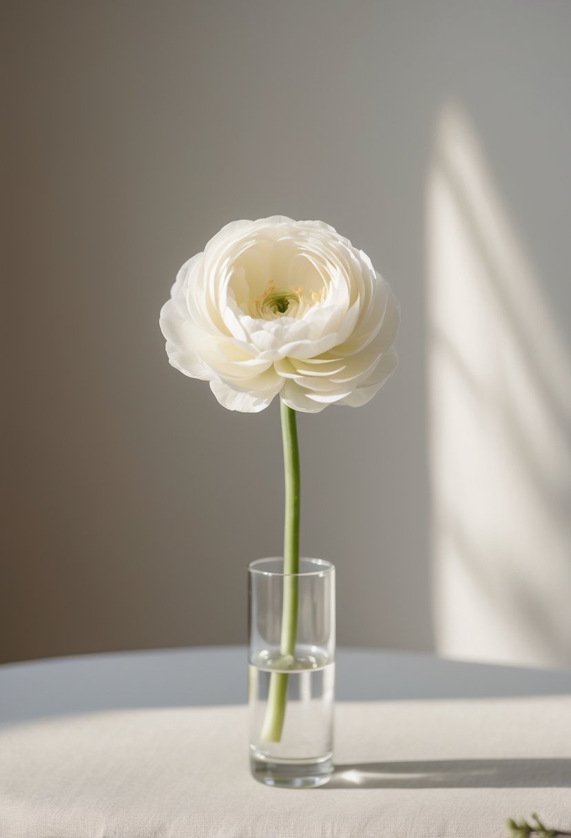 A single white ranunculus flower in a small clear glass vase on a simple wedding table.