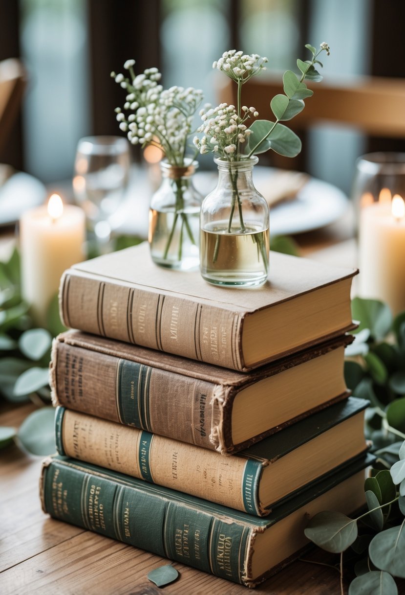 Small stack of vintage books used as decoration on a wedding table with flowers and candles.