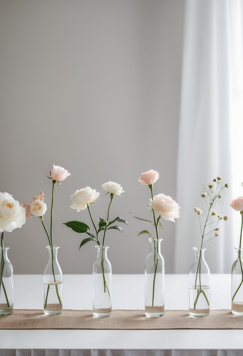 A wedding table with clear glass vases each holding a single flower on a simple surface.
