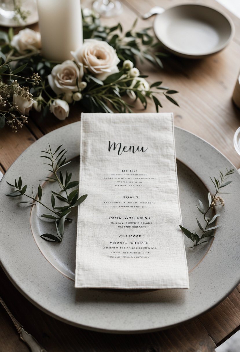 A wedding table setting with natural linen menu cards and simple floral and greenery decorations on a wooden table.