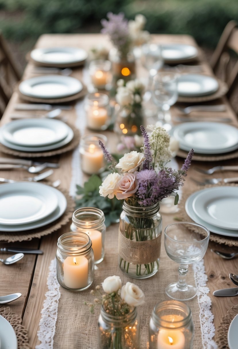 A wooden table set with simple wedding decorations including wildflowers in jars, candles, plates, and silverware.