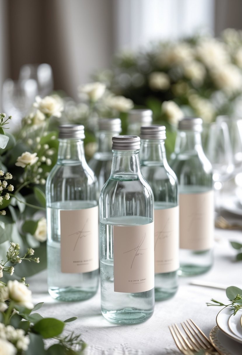 Clear glass water bottles with simple labels arranged on a wedding table decorated with greenery and white flowers.