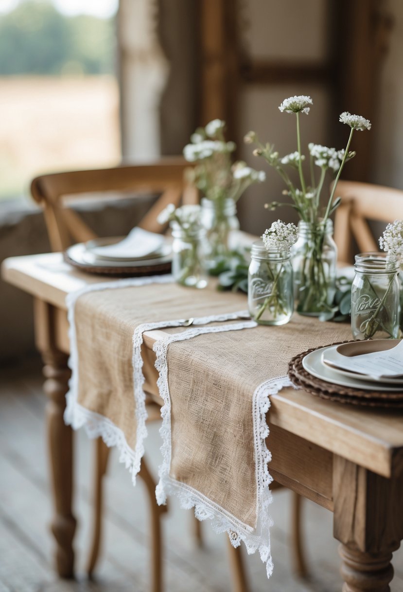 A wedding table with burlap runners trimmed with lace, decorated with small jars of wildflowers and simple tableware.