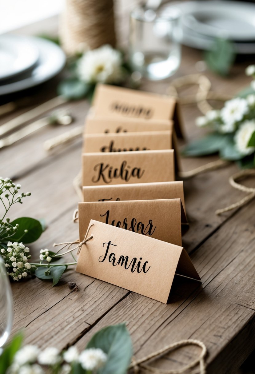 A rustic wooden table with personalized kraft paper name tags surrounded by small white flowers and greenery as simple wedding table decorations.