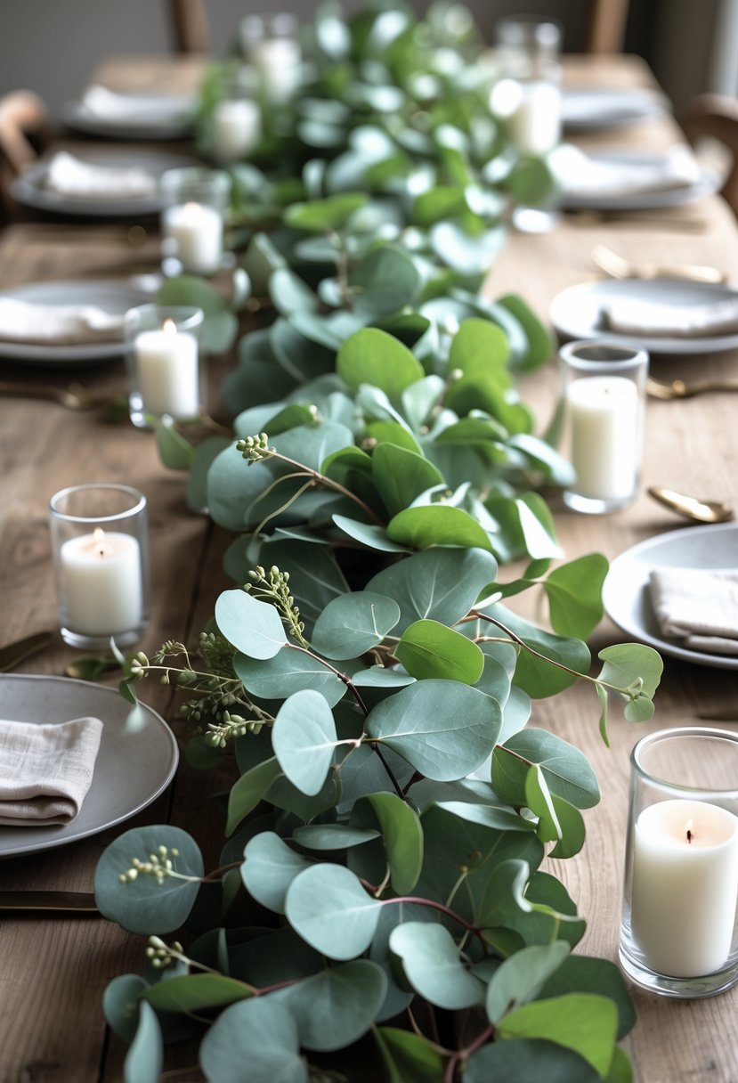 A wooden table decorated with a green eucalyptus garland centerpiece, white candles, and simple tableware.