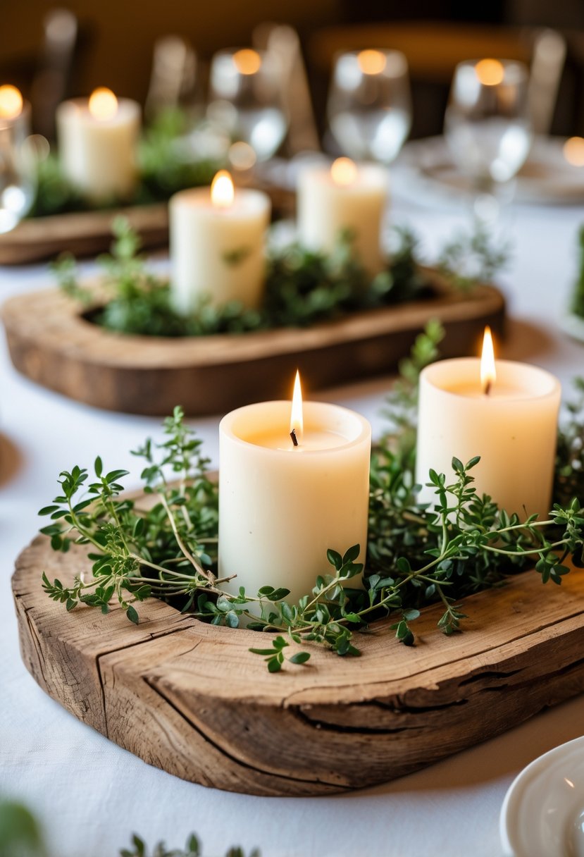 Raw wood candle trays with fresh thyme sprigs arranged on a wedding table.