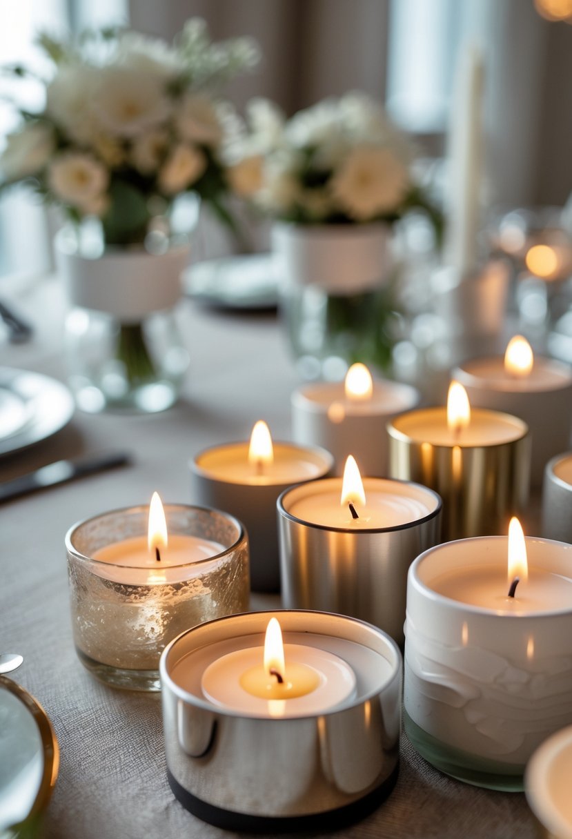 Cluster of tealight candles in various holders arranged on a wedding table with soft candlelight glow.
