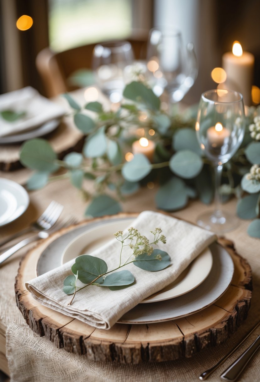 A wedding table set with wood slice chargers, white plates, neutral napkins, and green foliage on a rustic table.