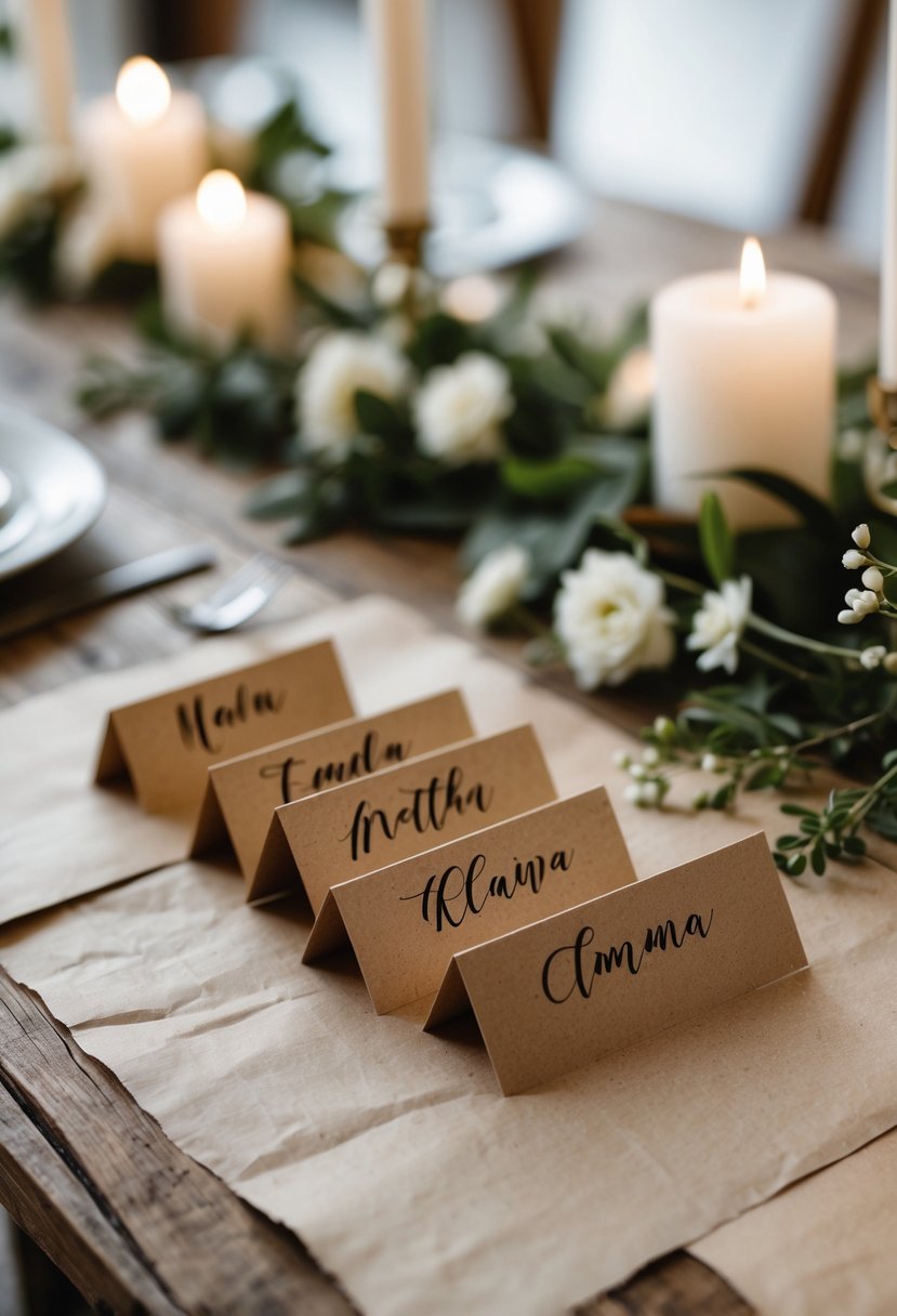 A wedding table with hand-lettered name cards on kraft paper surrounded by greenery, small white flowers, and candles.