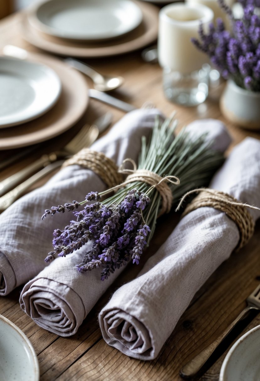 Close-up of a wooden table with linen napkins wrapped with dried lavender bundles as napkin rings, surrounded by simple tableware.
