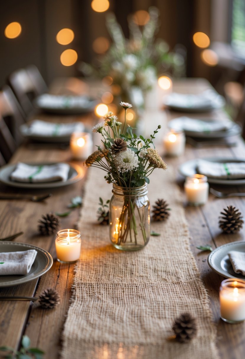 A wooden table with small burlap runners, mason jars with wildflowers, candles, and natural decorations arranged for a wedding.