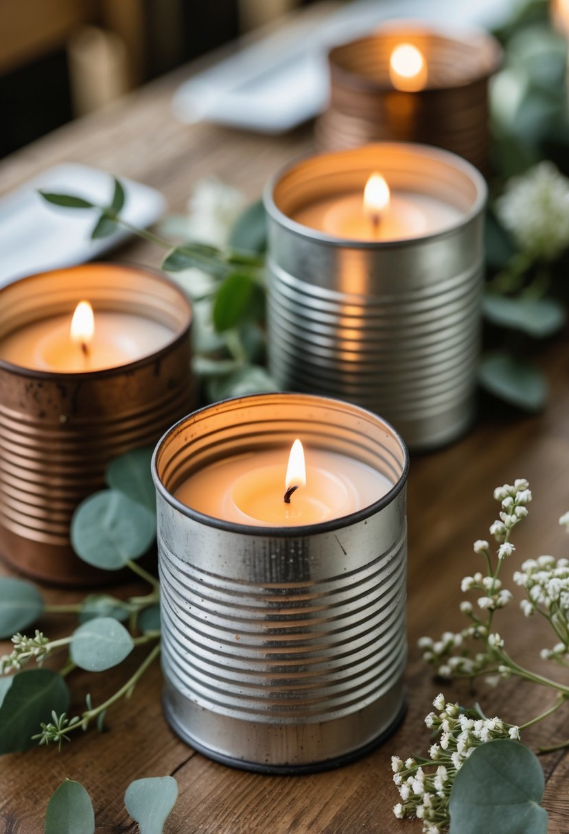 A wooden table with tin can candle holders containing lit votive candles surrounded by greenery and small white flowers.
