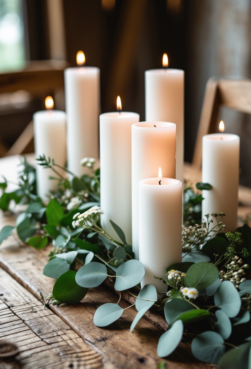 A wooden table decorated with simple white pillar candles and green leaves arranged around them.
