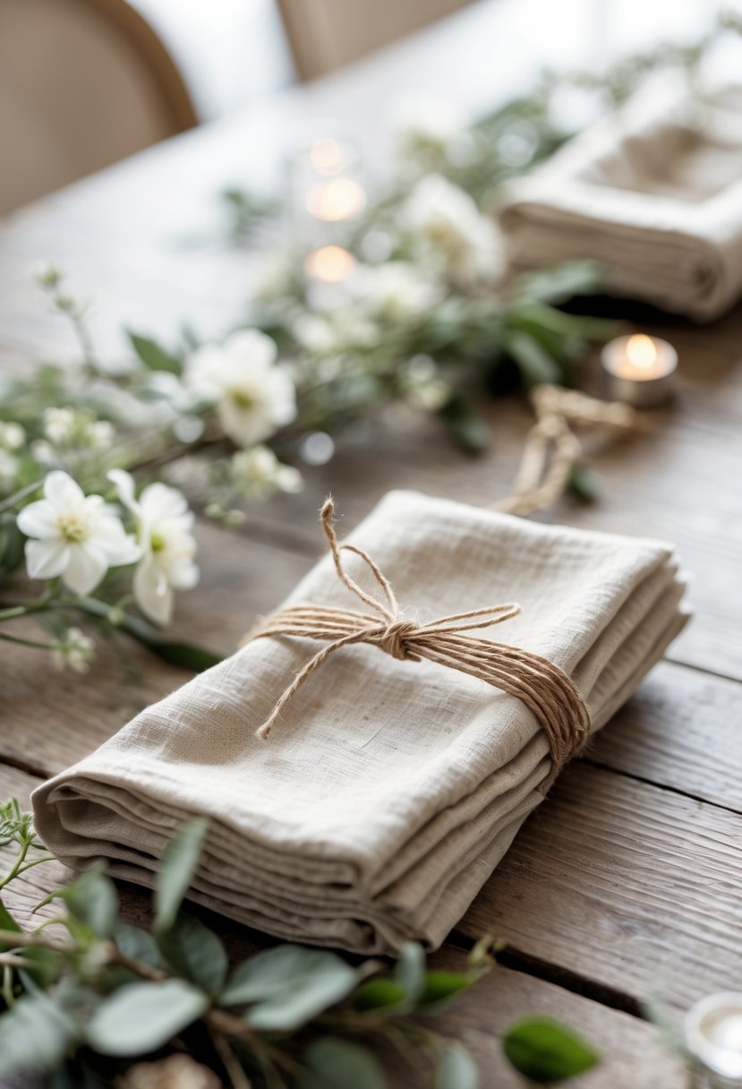 Neutral linen napkins tied with twine placed on a wooden table with greenery and white flowers.