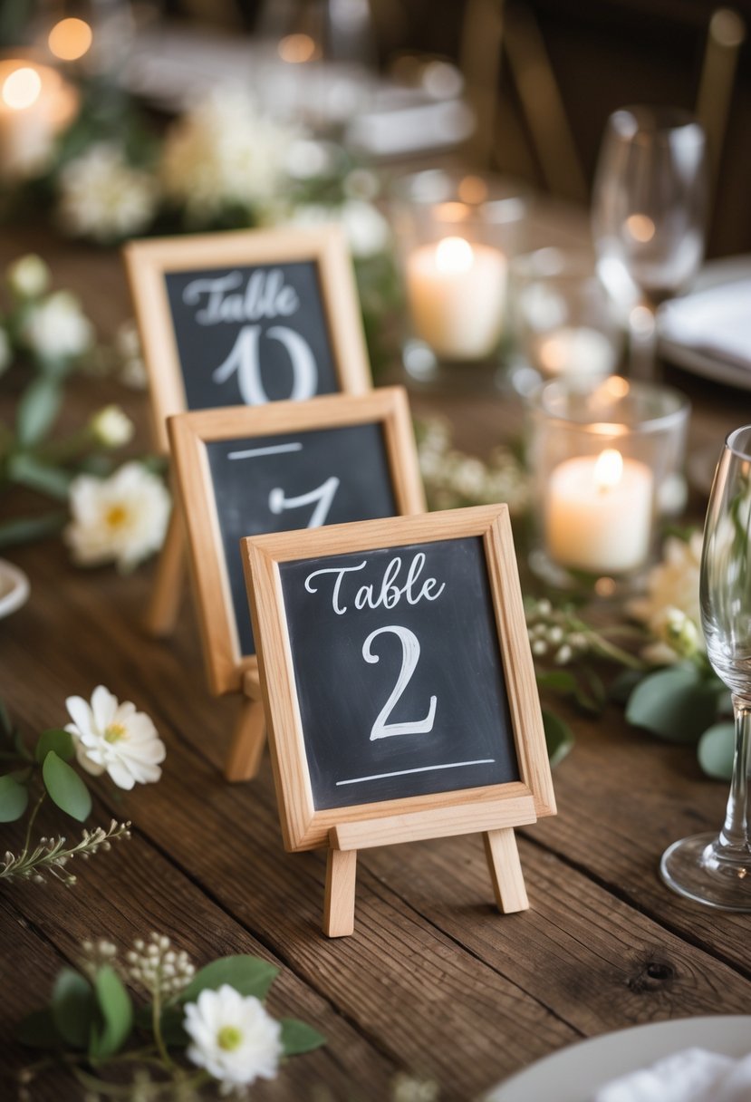 Mini chalkboard table number signs on a wooden table with small flowers and candles.