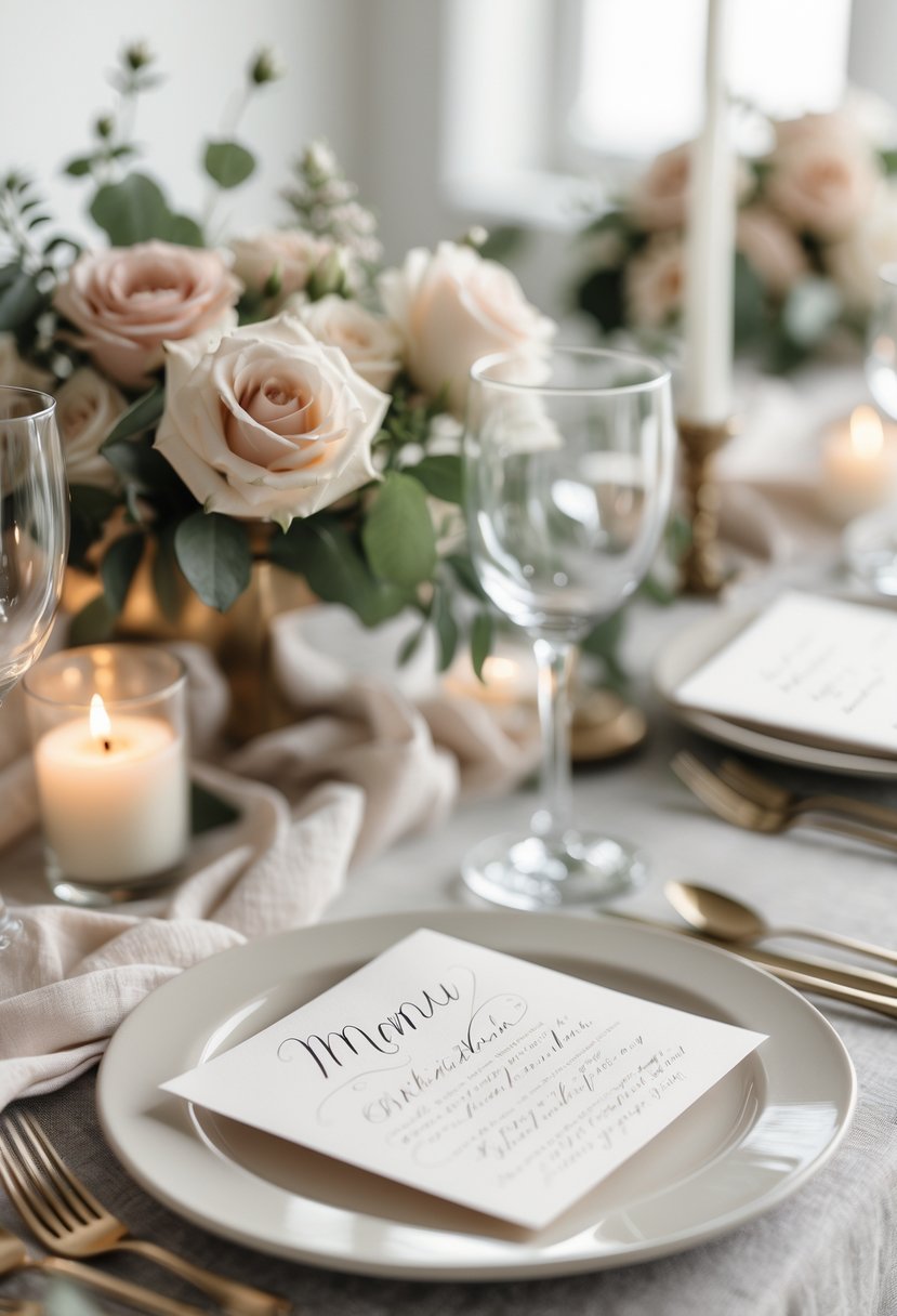 Close-up of handwritten menu cards on a wedding table decorated with flowers, candles, and linen napkins.