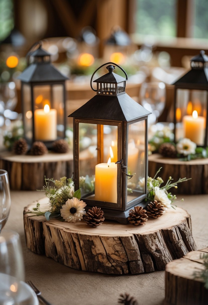 A wedding table decorated with glowing lanterns, wildflowers, greenery, and rustic wooden elements.
