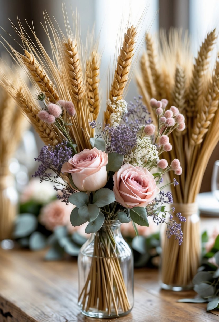 A wooden table decorated with dried wheat stalks and small bouquets of pastel flowers arranged for a wedding.