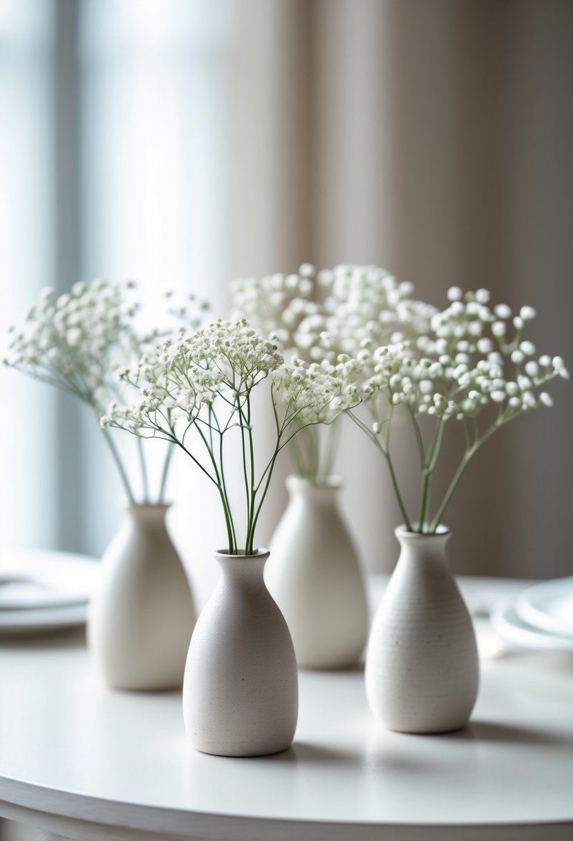 Small ceramic bud vases with baby's breath flowers arranged on a wedding table.