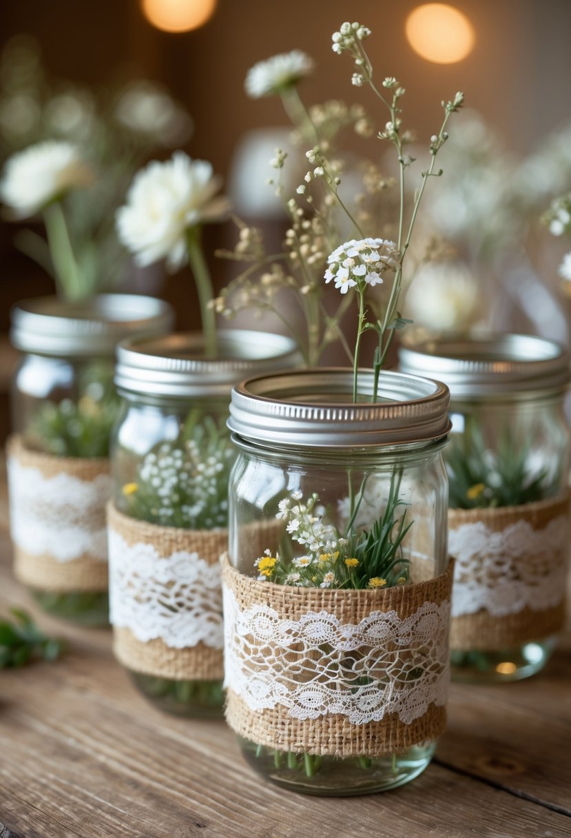 Glass jars wrapped in burlap and lace with small floral arrangements on a wooden table.