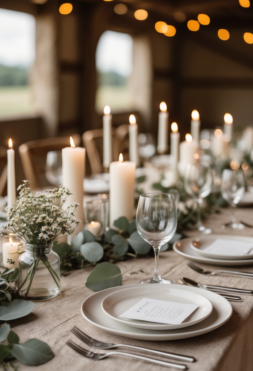 A wedding table decorated with wildflowers, eucalyptus leaves, candles, white plates, and silverware in a cozy setting.