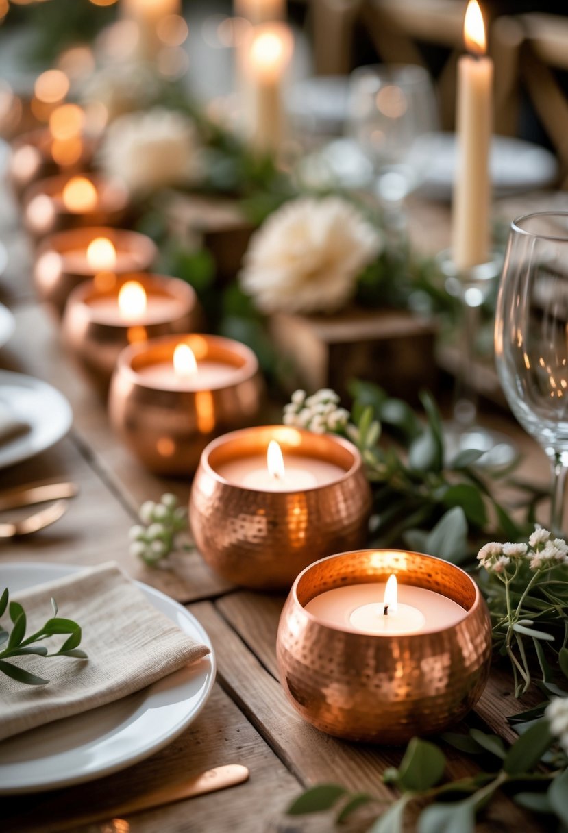 Close-up of copper tealight holders glowing softly on a wedding table decorated with greenery and small white flowers.