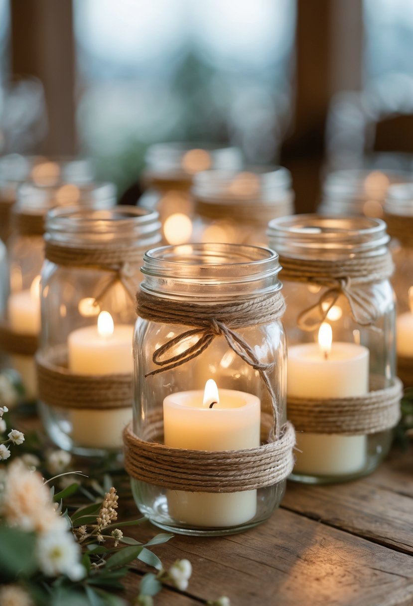 Mason jars wrapped with twine holding lit candles on a wooden table decorated with greenery and flowers.
