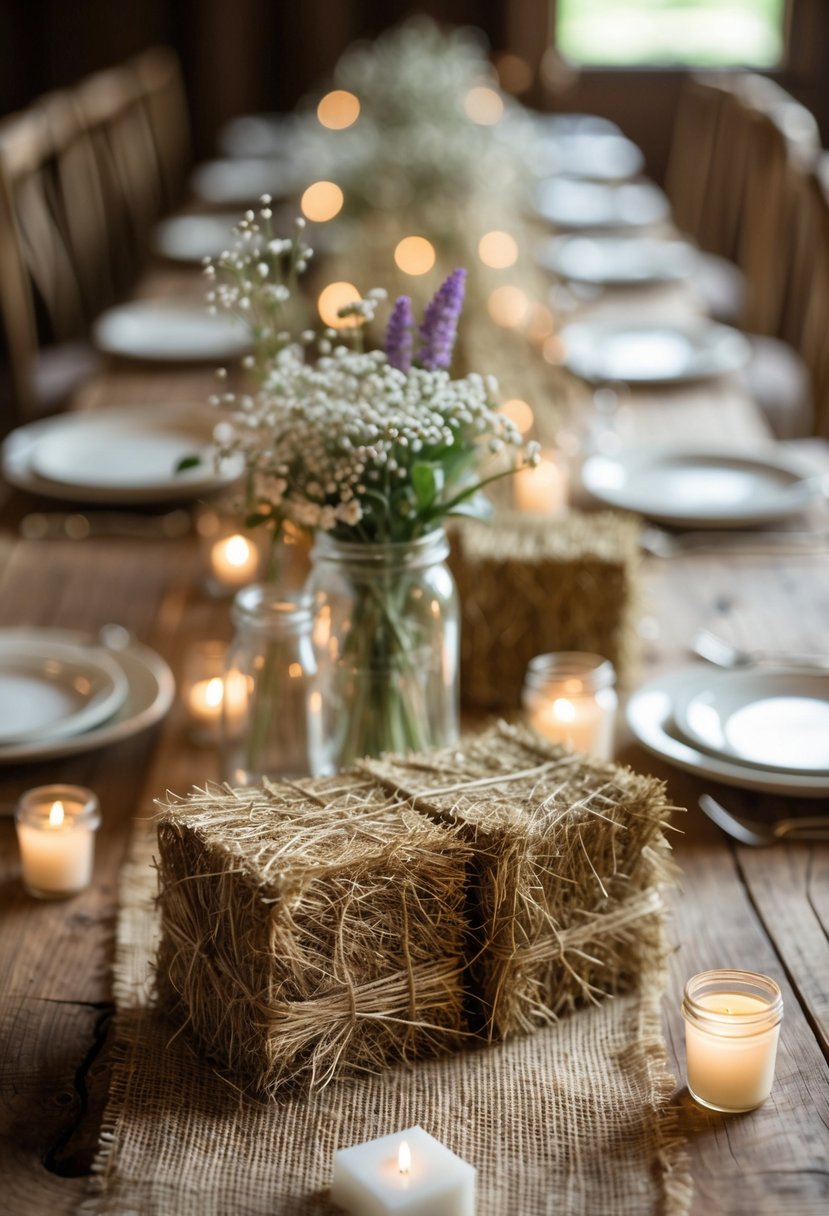 A wedding table decorated with mini hay bales, wildflowers in jars, candles, and wooden accents.