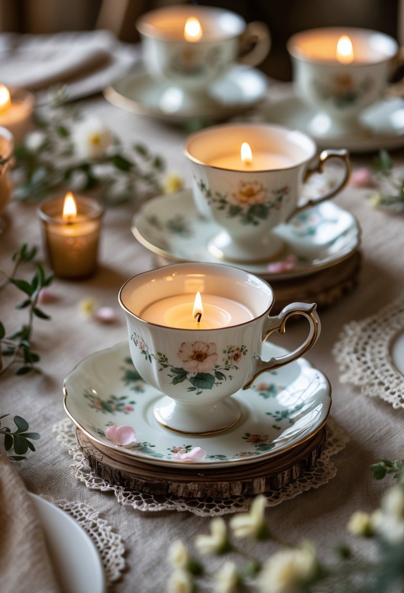 A wedding table with vintage teacups holding lit tea light candles surrounded by flower petals and greenery.