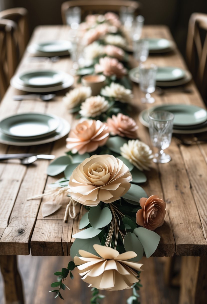 A wooden wedding table decorated with delicate paper flower garlands and simple table settings in soft lighting.