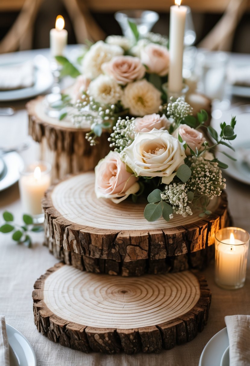 A wedding table with wooden slice centerpieces holding flowers and candles, set with plates and napkins.