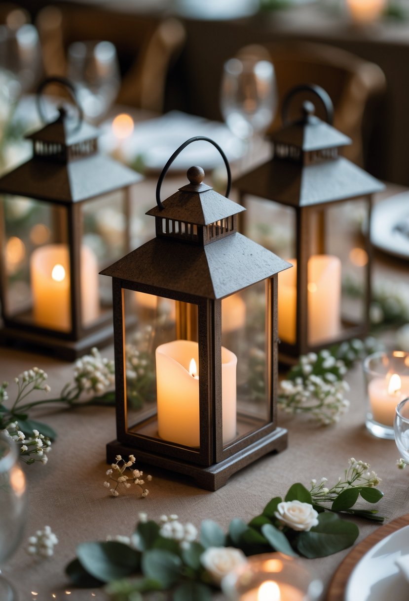Small lanterns with LED candles inside arranged on a wedding table with greenery and flowers.