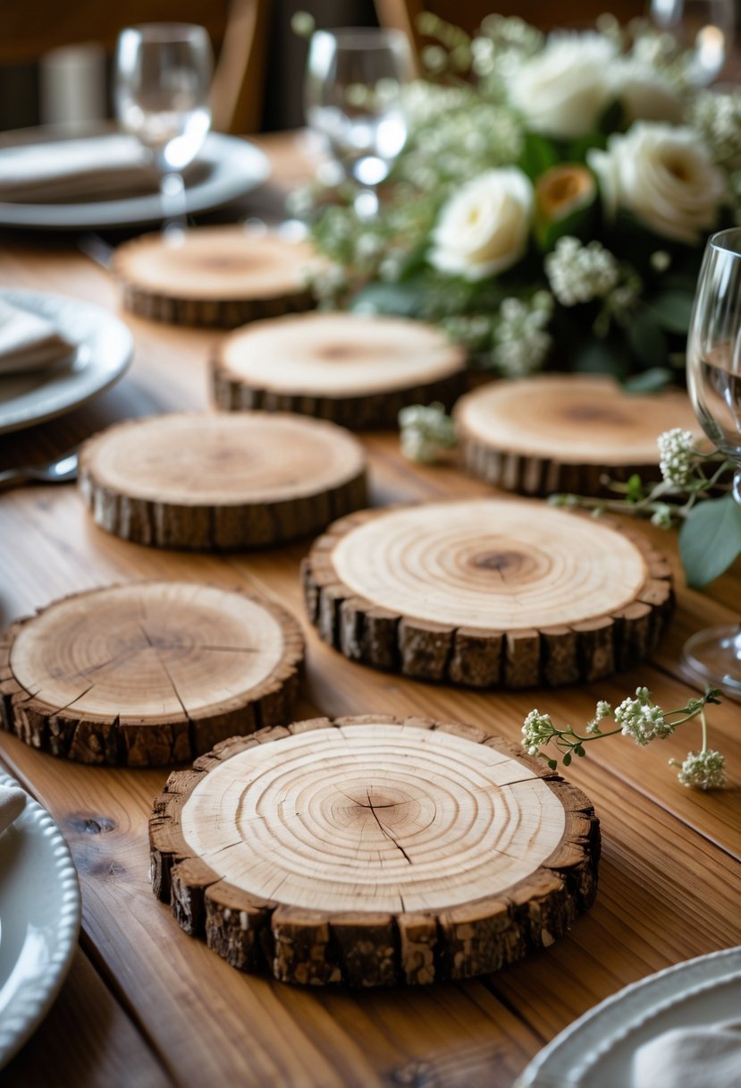 A rustic wedding table with wooden coasters, greenery, and white flowers arranged on a wooden surface.