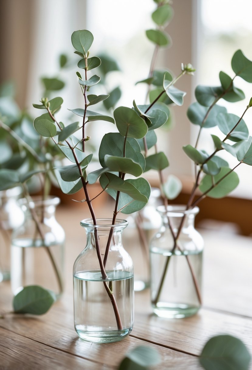 Small glass vases with eucalyptus sprigs arranged on a wooden table.