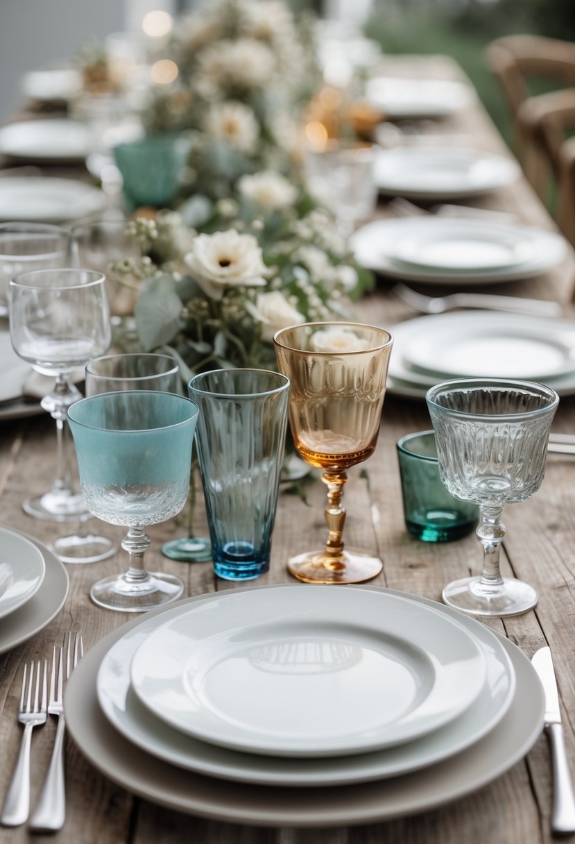 A wedding table set with mismatched glassware, white plates, silver cutlery, and small floral arrangements on a wooden surface.