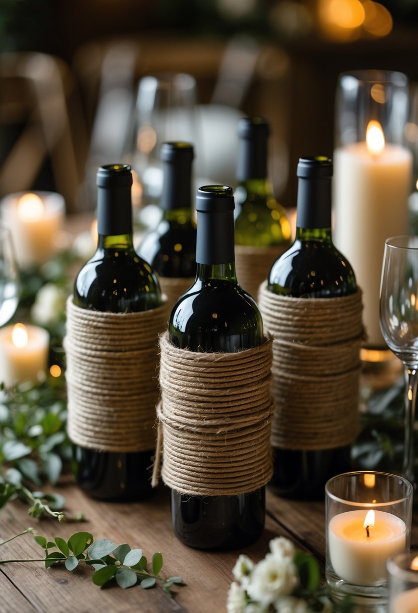 Wine bottles wrapped in twine arranged on a wooden table with greenery and candles.