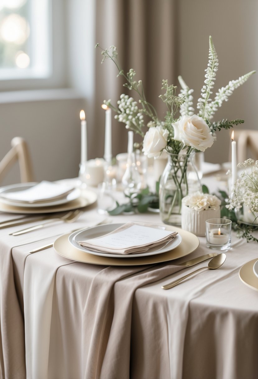 A wedding table with neutral-colored cloth tablecloths, simple floral arrangements, candles, and neatly arranged plates and cutlery.