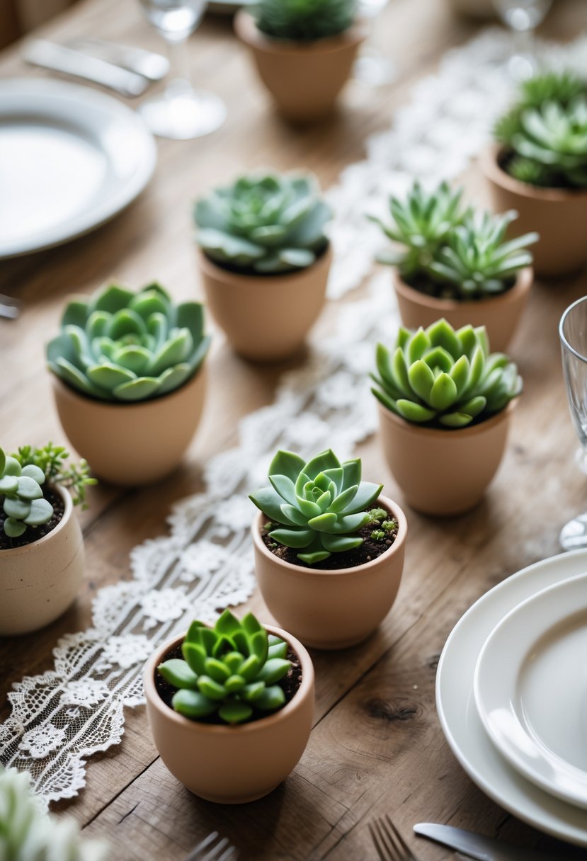Mini potted succulents arranged on a wooden table as wedding guest favors with simple table settings.